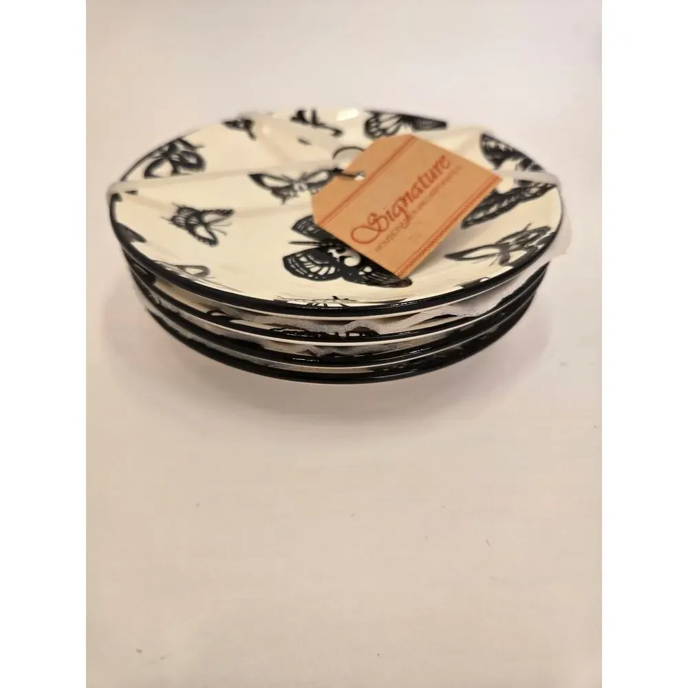 Signature Housewares Skull Butterfly Plates Set of 4 Halloween NWT
